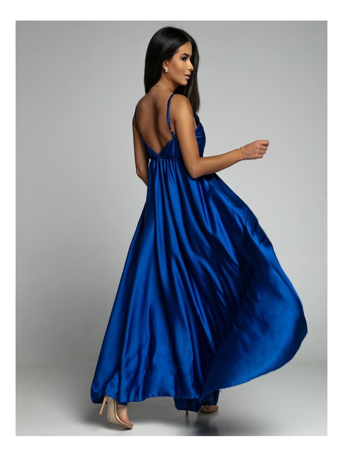 Long satin dress with straps, cornflower blue AZR126